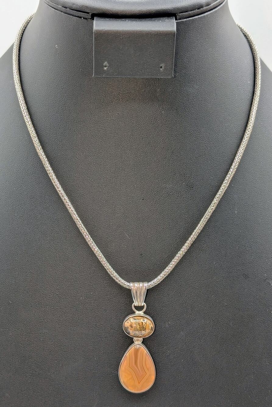 Vtg 'EG' 925 Sterling Orange Jasper Agate Stone Foxtail Chain Hook 18" Necklace